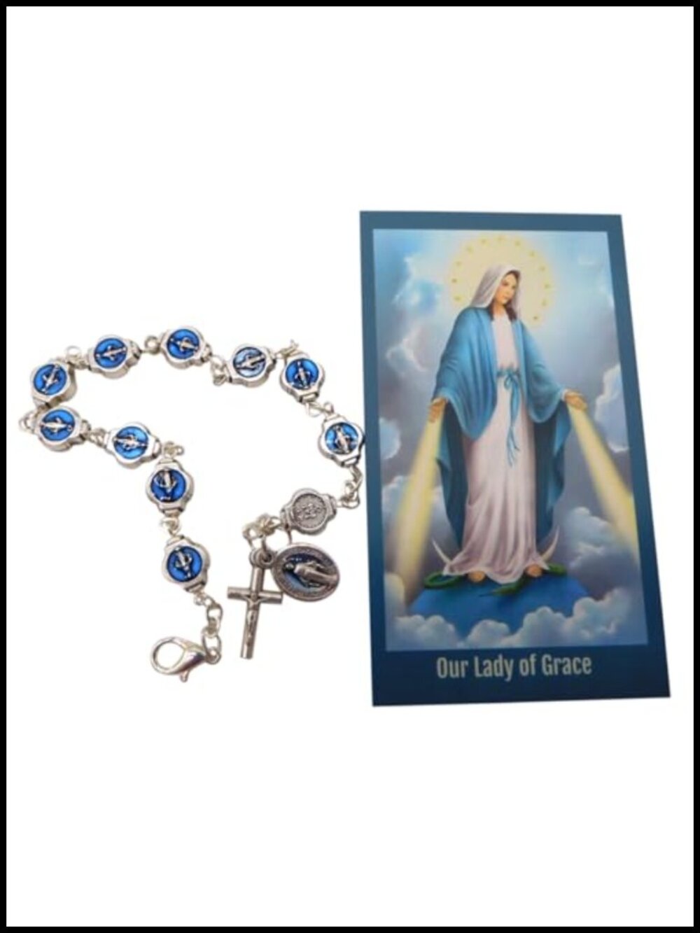 Miraculous Mary Charm Bracelet Metal Beaded Adjustable Wrist with Holy Card